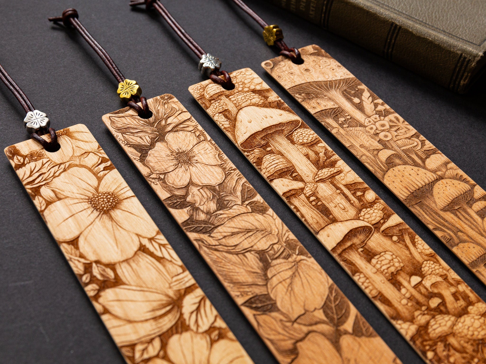 Wooden Bookmark - Flowers and Mushroom Forest